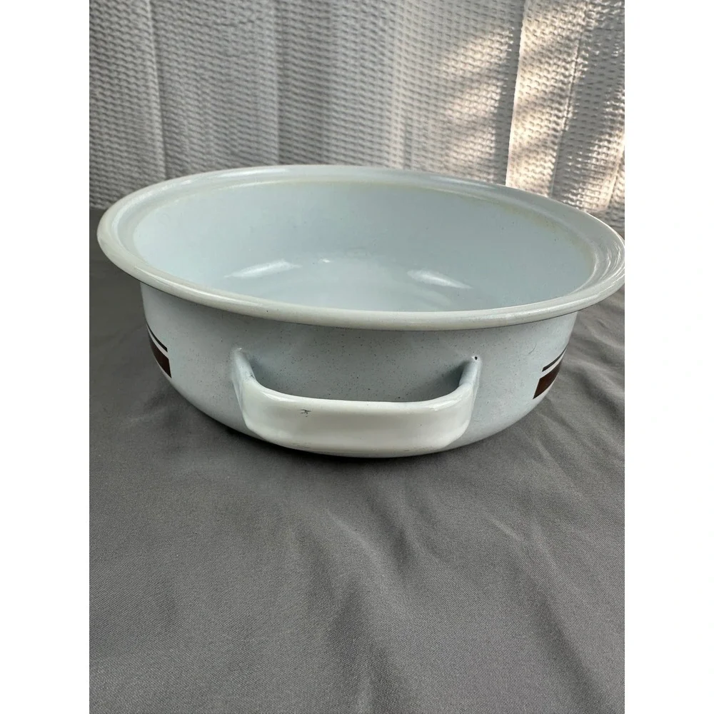 Vintage Enamel Casserole Pot Brown Stripe w/‎ Handles Mid Century Style NO lid